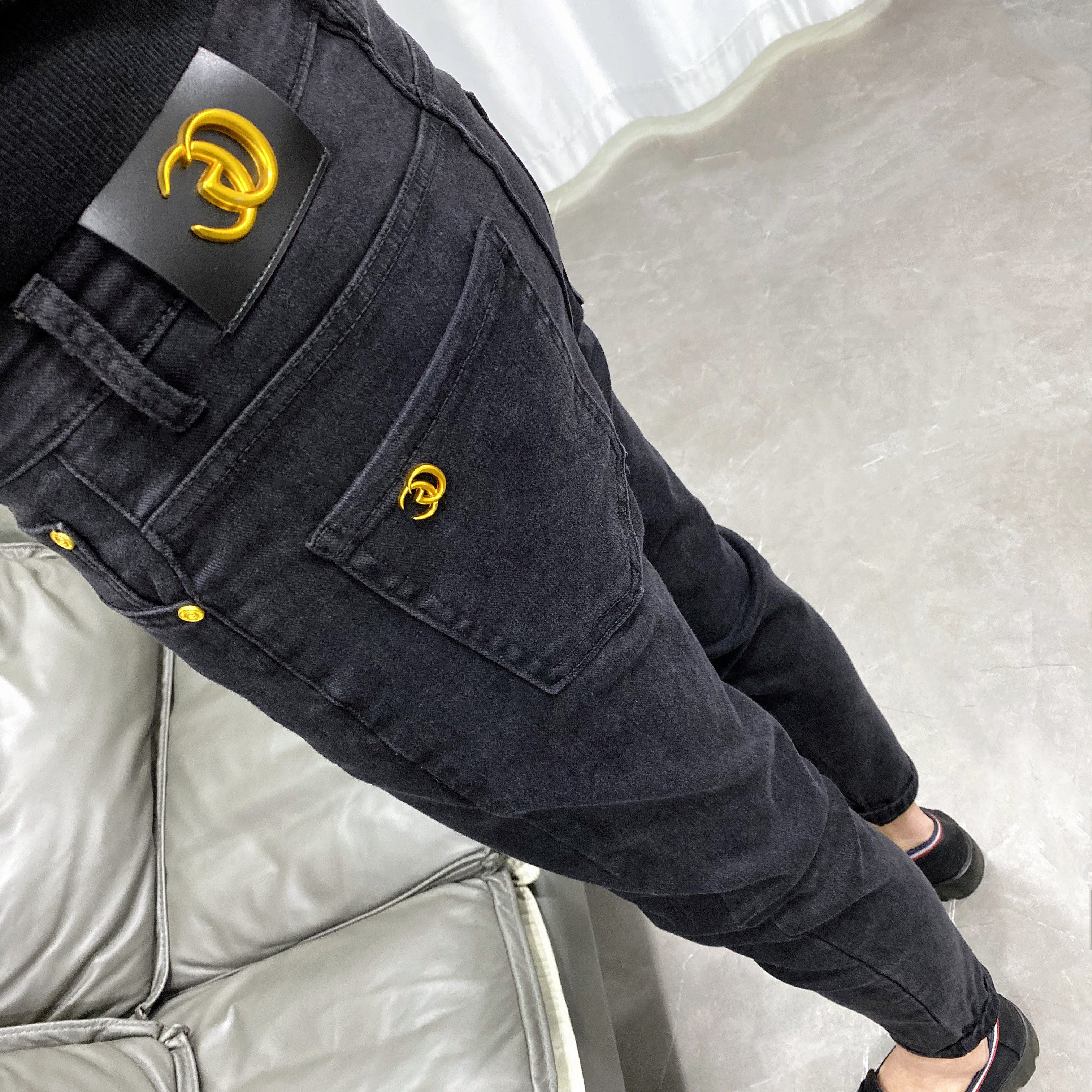 秋冬纯黑微跨老爹裤修身小脚牛仔长裤男韩版精神小伙弹力百搭裤子