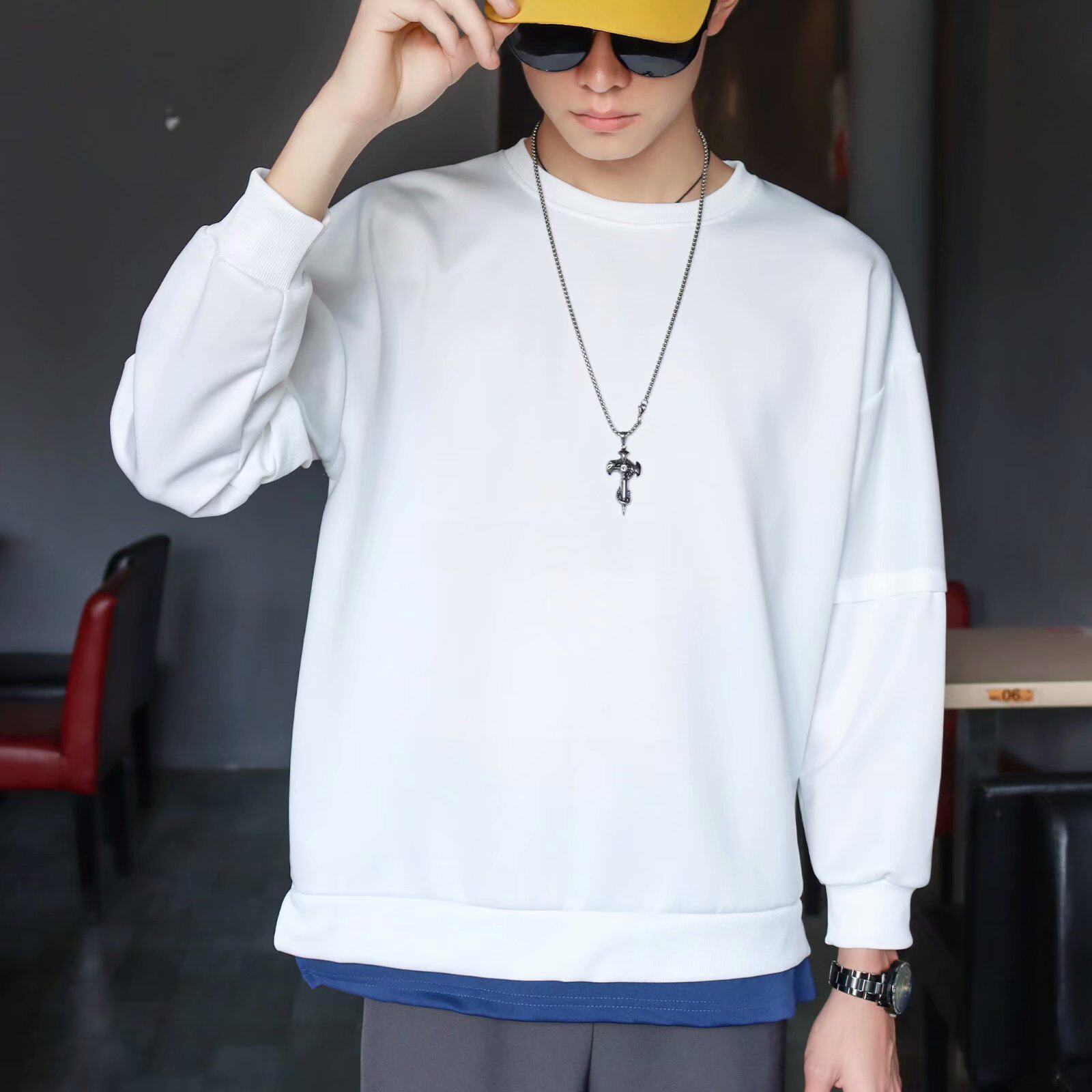 男卫衣假俩袖_春秋季卫衣男长袖套头无帽韩版潮流宽松拼接假俩件纯色