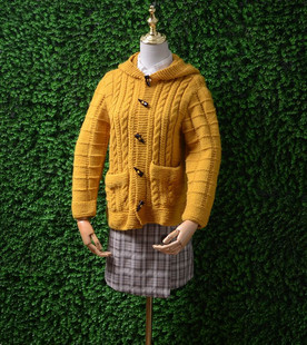 秋冬新款羊毛姜黄色连帽纯色加厚粗线针织开衫外套毛衣豹女