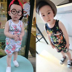 2016夏季新款韩版中小童碎印花纯棉背心宝宝童套装0-1-2-3-4-5岁