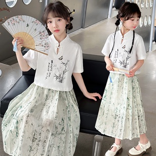 女童中大童汉服套装夏季新款新中式马面裙素雅表演服时髦短袖衣服
