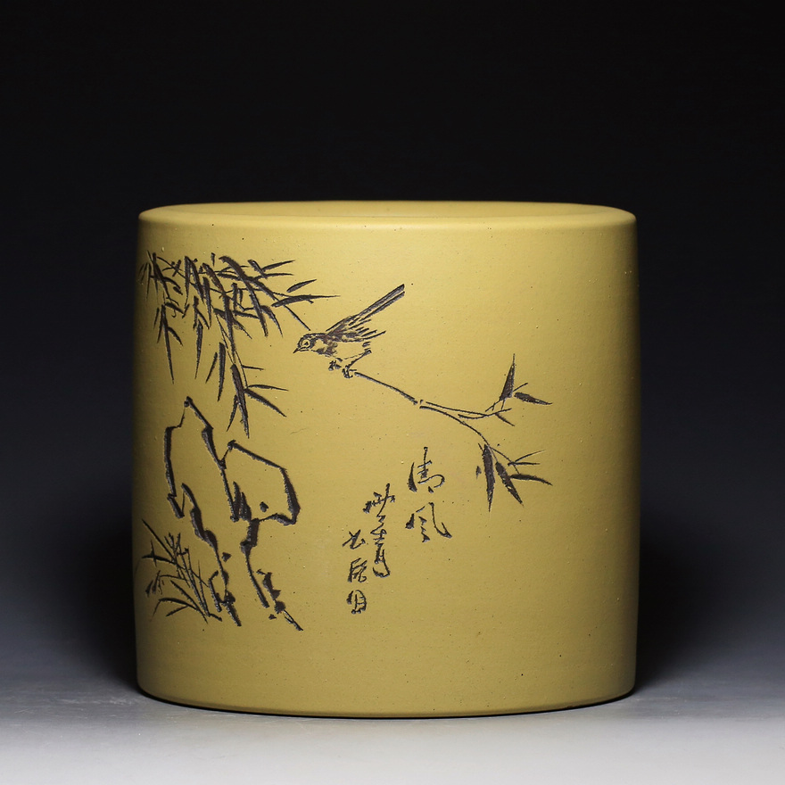 大师任淦庭高徒 特级段泥 资深老艺人 张赦棠 《花鸟笔筒》
