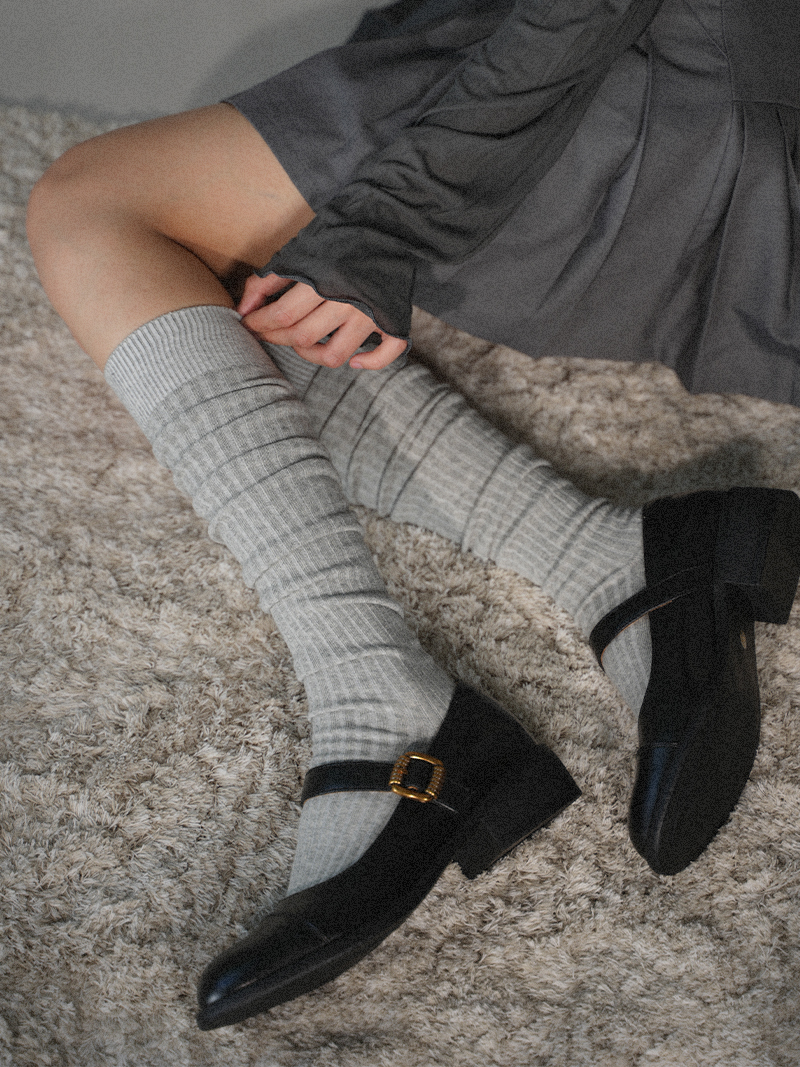 TRISECTION灰色袜子女夏季小腿袜纯棉jk长筒靴袜堆堆袜ins长袜白