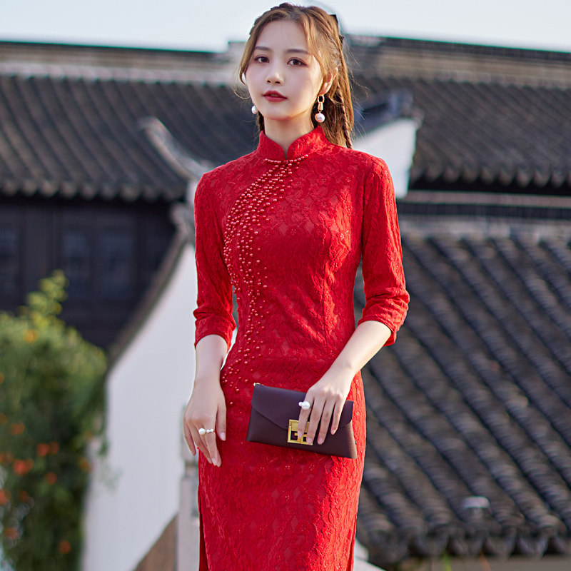 改良红色蕾丝旗袍中长款过膝修身春秋7分袖钉珠年轻时尚宴会走秀