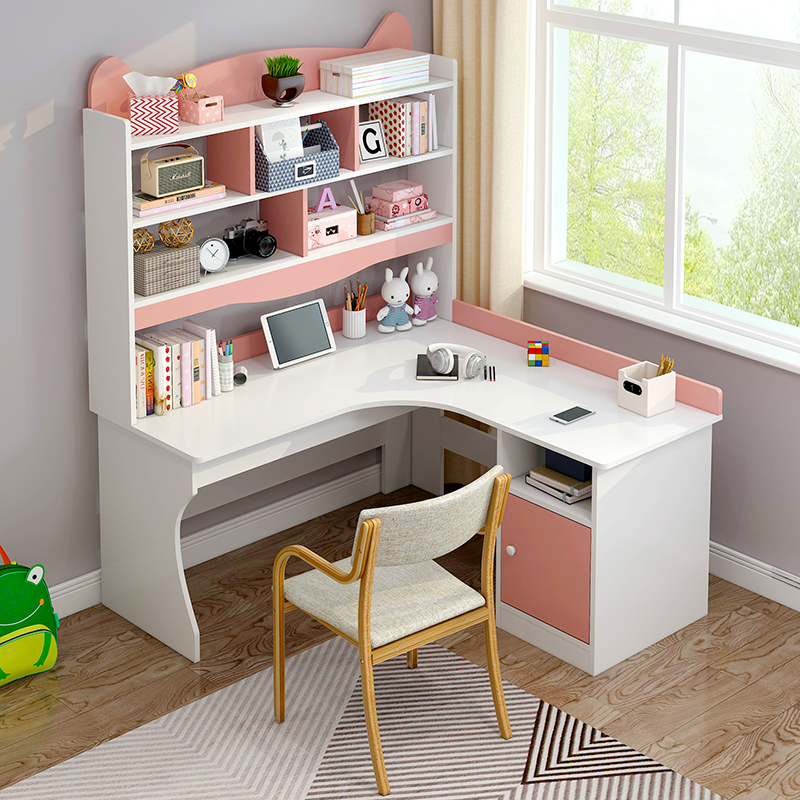 卧室学生学习桌女孩粉色儿童房书桌书柜组合一体转角带书架写字桌