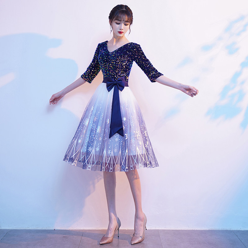 大合唱团演出服短款连衣裙女红歌比赛服装新款主持朗诵晚礼服