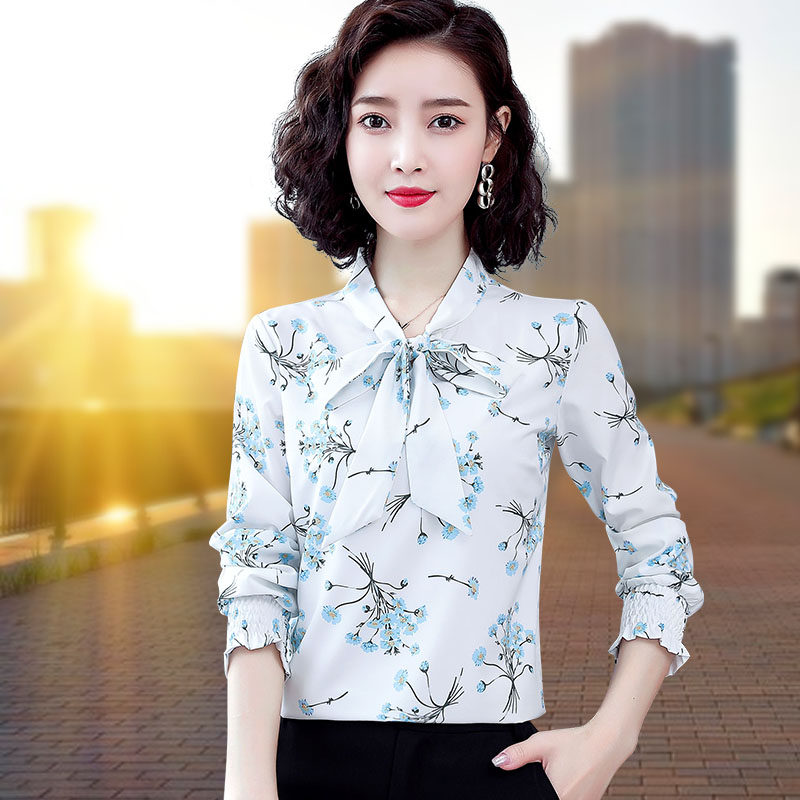 蝴蝶结雪纺衫女长袖秋装2021新款印花上衣碎花小衫中年妈妈装衬衣