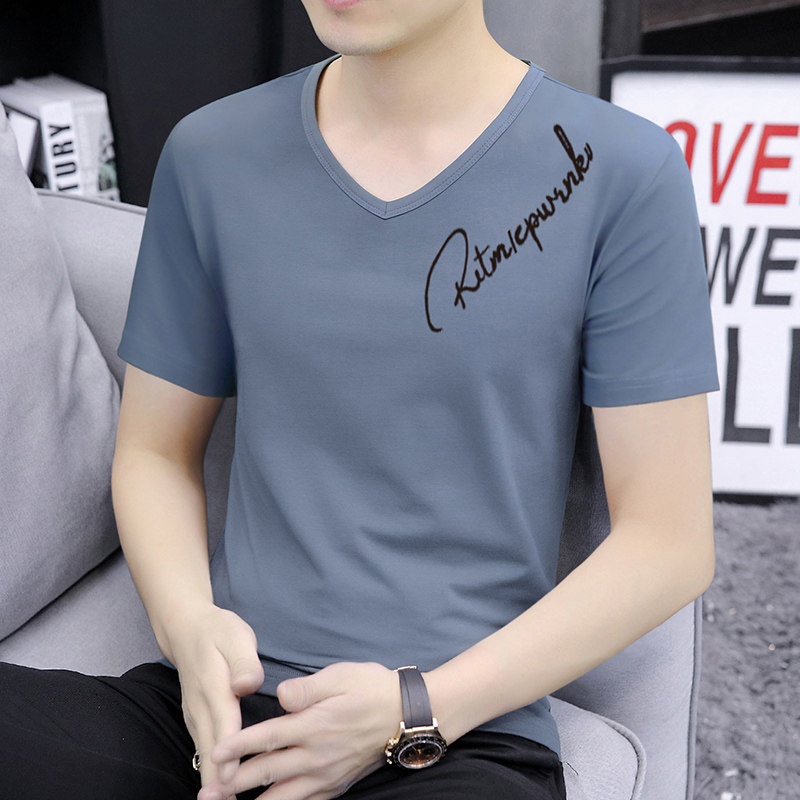 夏装短袖t恤男纯棉v领青年休闲印花薄款上衣服半截袖成熟小衫体恤