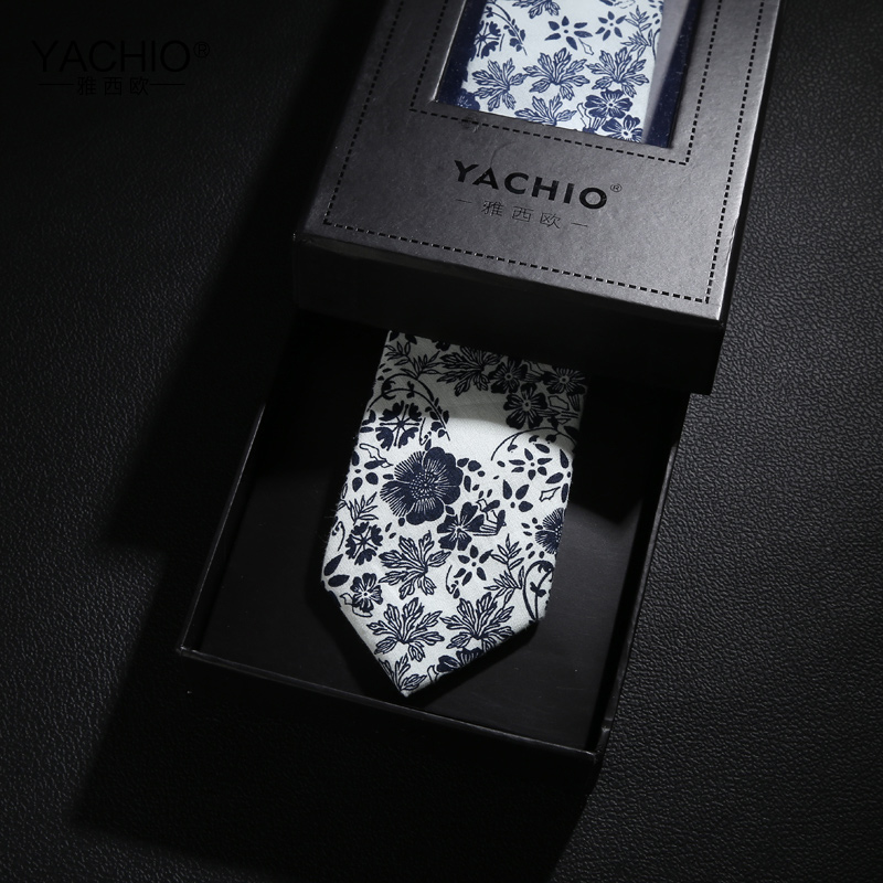 雅西歐水墨個性花紋男士領帶6cm韓版窄版棉質花領帶男禮盒裝