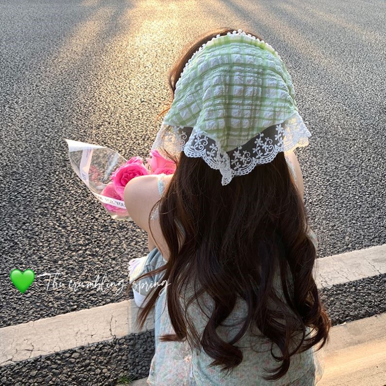 春天的绿 夏季丝巾薄款绑发带复古包头头巾法式气质蕾丝三角巾女