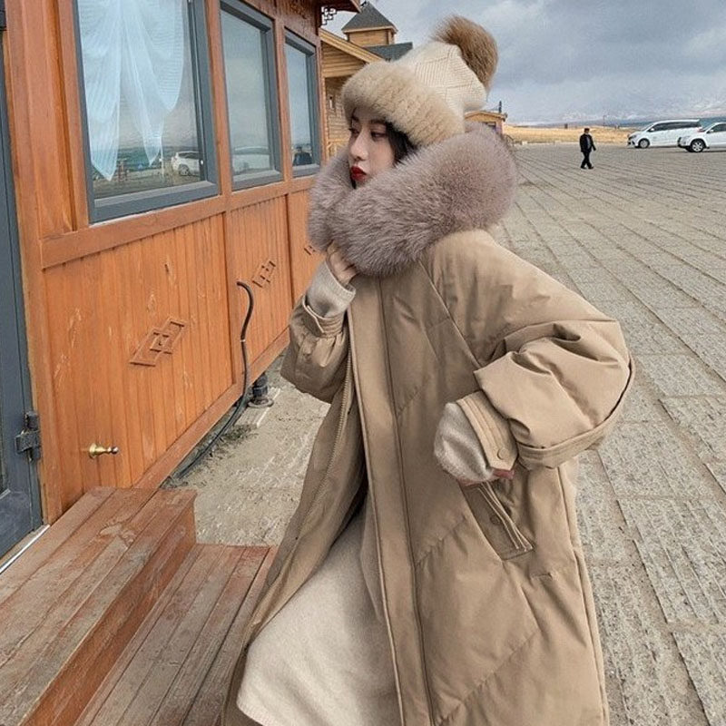 羽绒服女中长款2021新款狐狸大毛领白鸭绒韩版过膝加厚宽松版外套