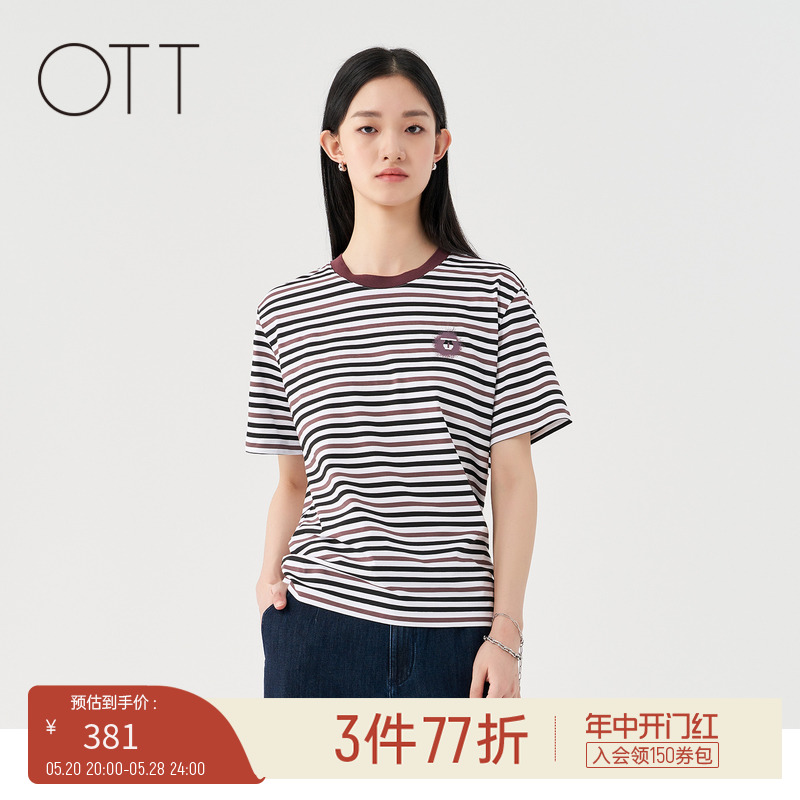 OTT【商场同款】夏季圆领条纹印花短袖T恤女简约时尚百搭上衣女装