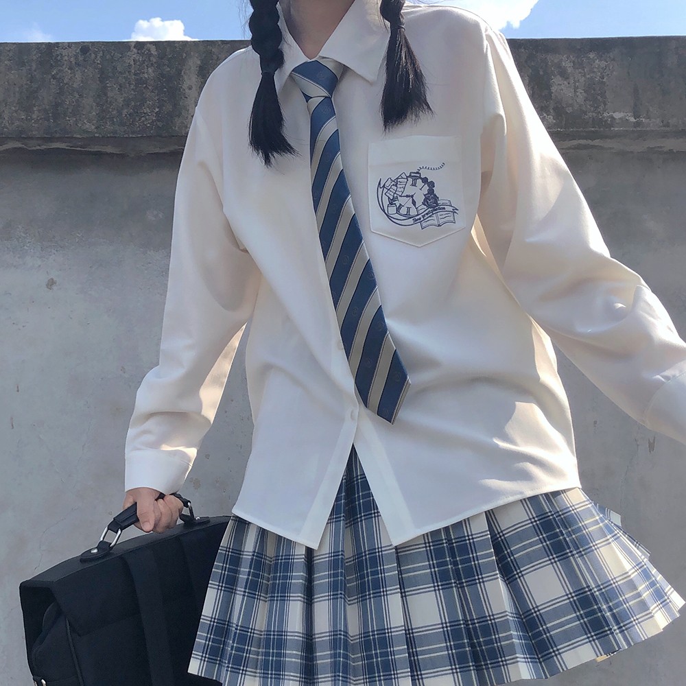 车厘子jk衬衫长袖原创刺绣风琴褶宽松直筒纯色基础款jk制服衬衣女