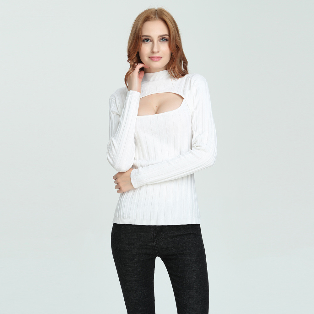 2020秋季女装立领开胸毛衣时尚性感露胸毛衣女针织打底衫m50030