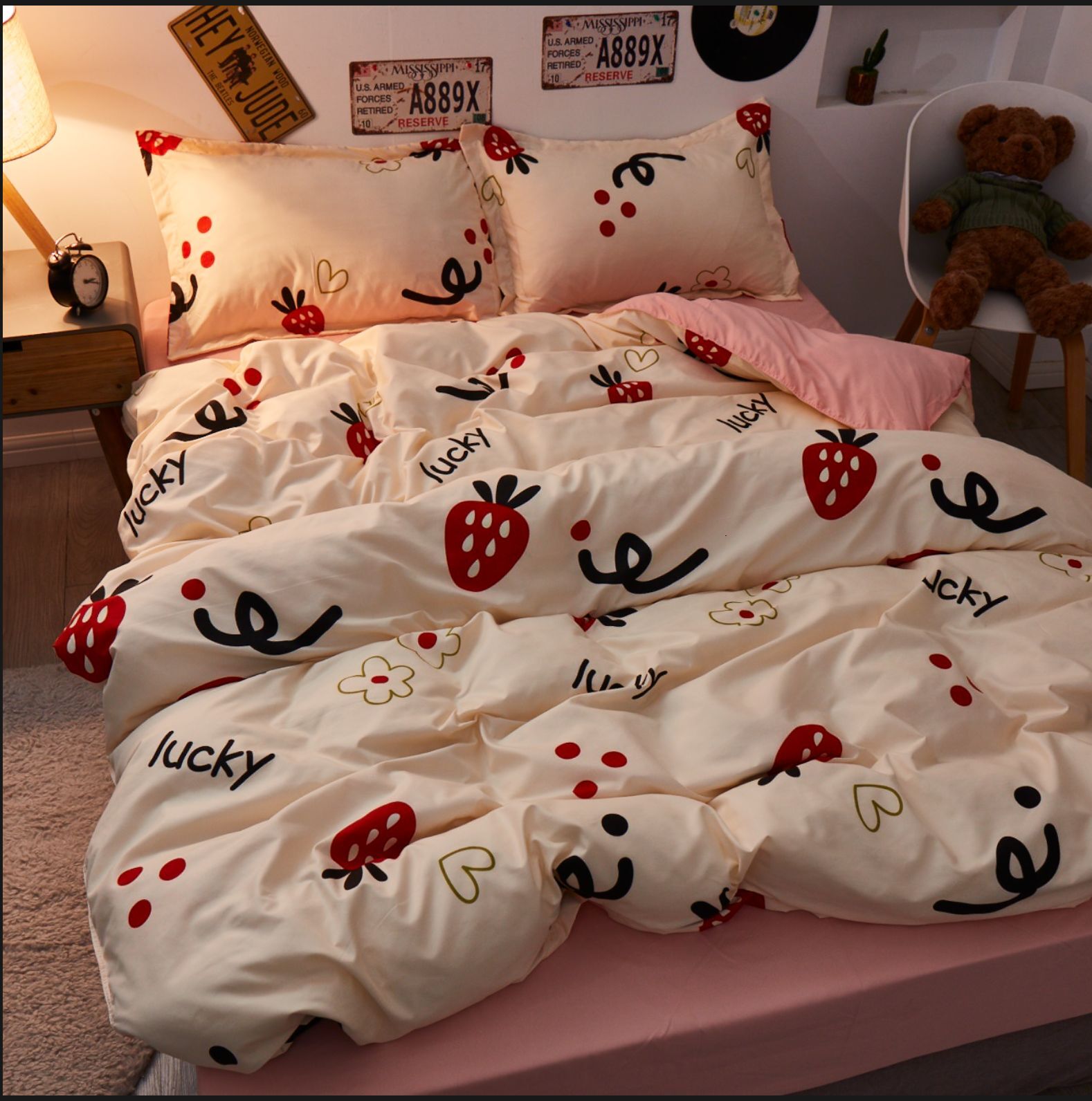 可爱白草莓床上四件套少女心学生宿舍单人床单被套被罩三件套1.5m