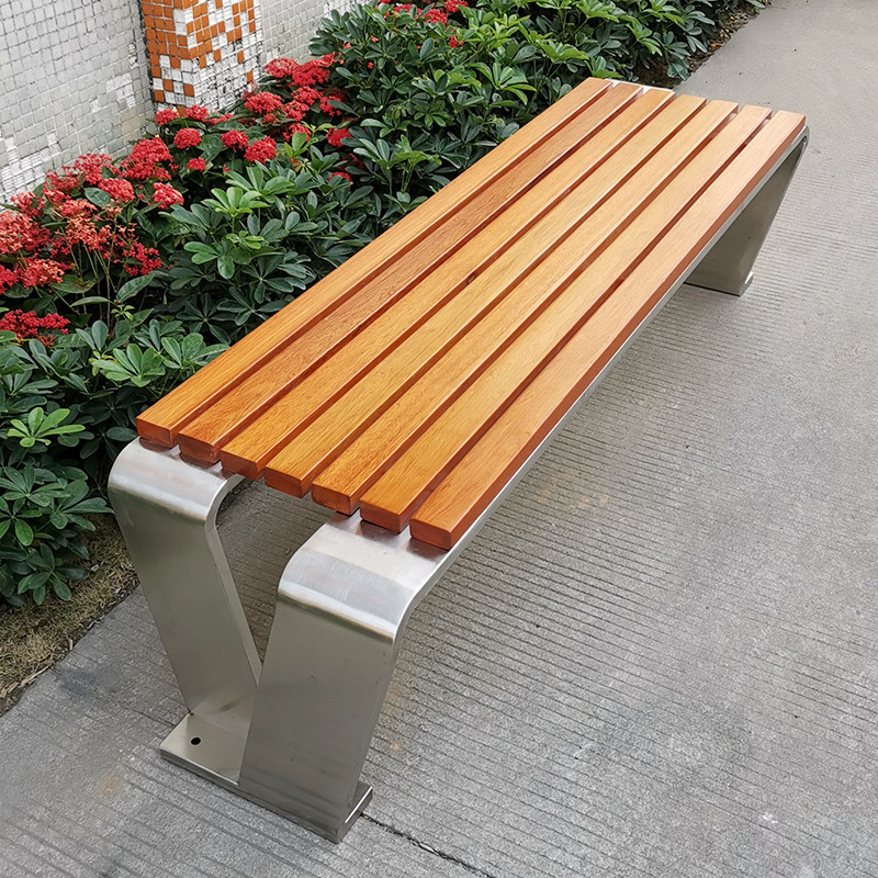 创意v字户外休息坐凳塑木公园长凳防腐实木定制不锈钢长条凳成品