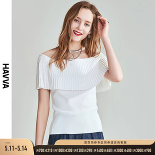 HAVVA2024夏季新款针织t恤女设计感小众短袖一字肩半袖上衣M47641