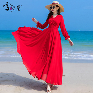 夏季红色雪纺长袖连衣裙女长款到脚踝2024年新款时尚修身超长裙子