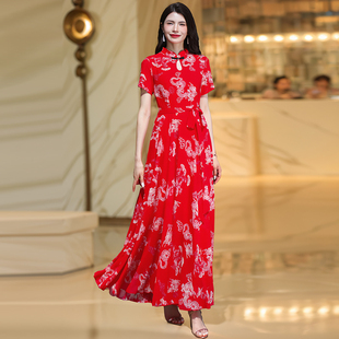 新中式红色雪纺连衣裙收腰显瘦2024新款女夏修身大摆超长裙到脚踝