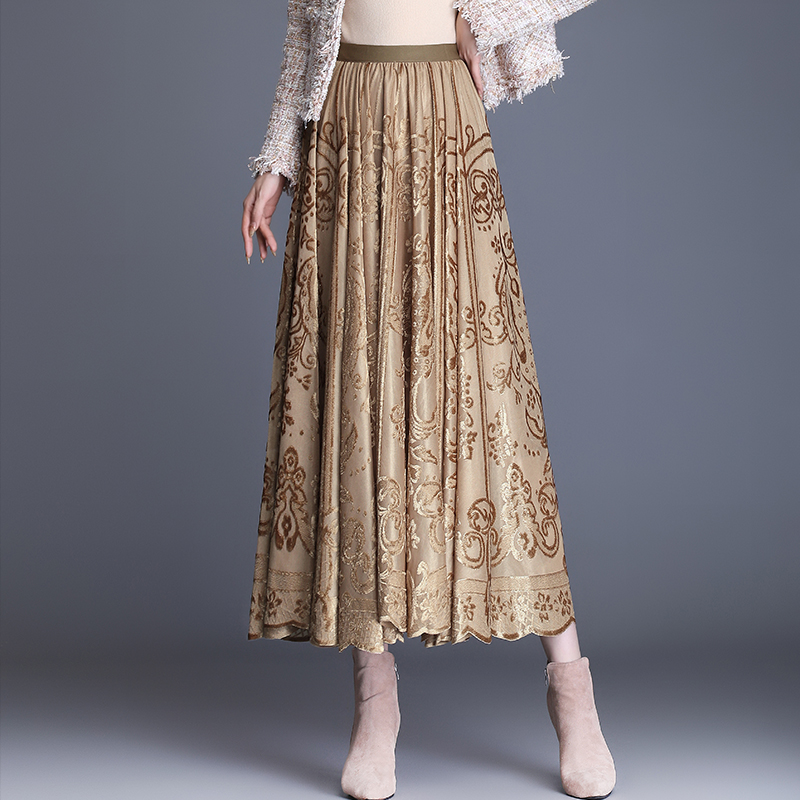 2021春秋新款卡其色百褶裙高个子长裙大码提花蓬蓬裙大摆半身裙女