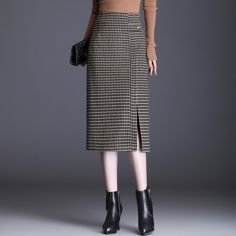 格子包臀裙半裙冬直筒裙子千鸟格秋冬半身裙2021新款洋气毛呢冬裙