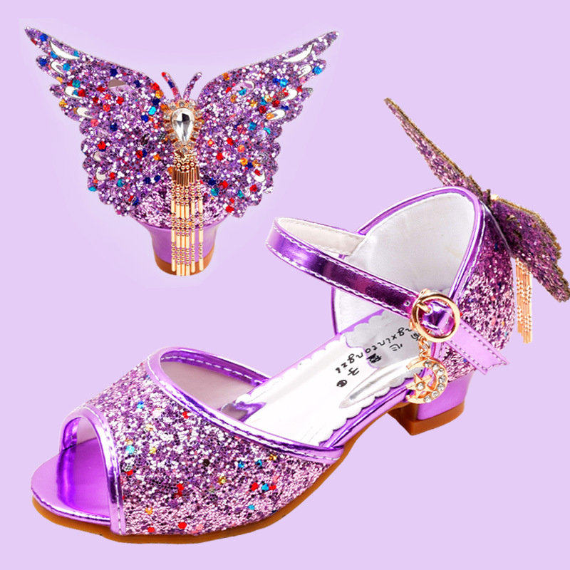 女童凉鞋2021新款韩版夏季公主高跟鞋儿童鱼嘴露趾鞋女孩紫色凉鞋