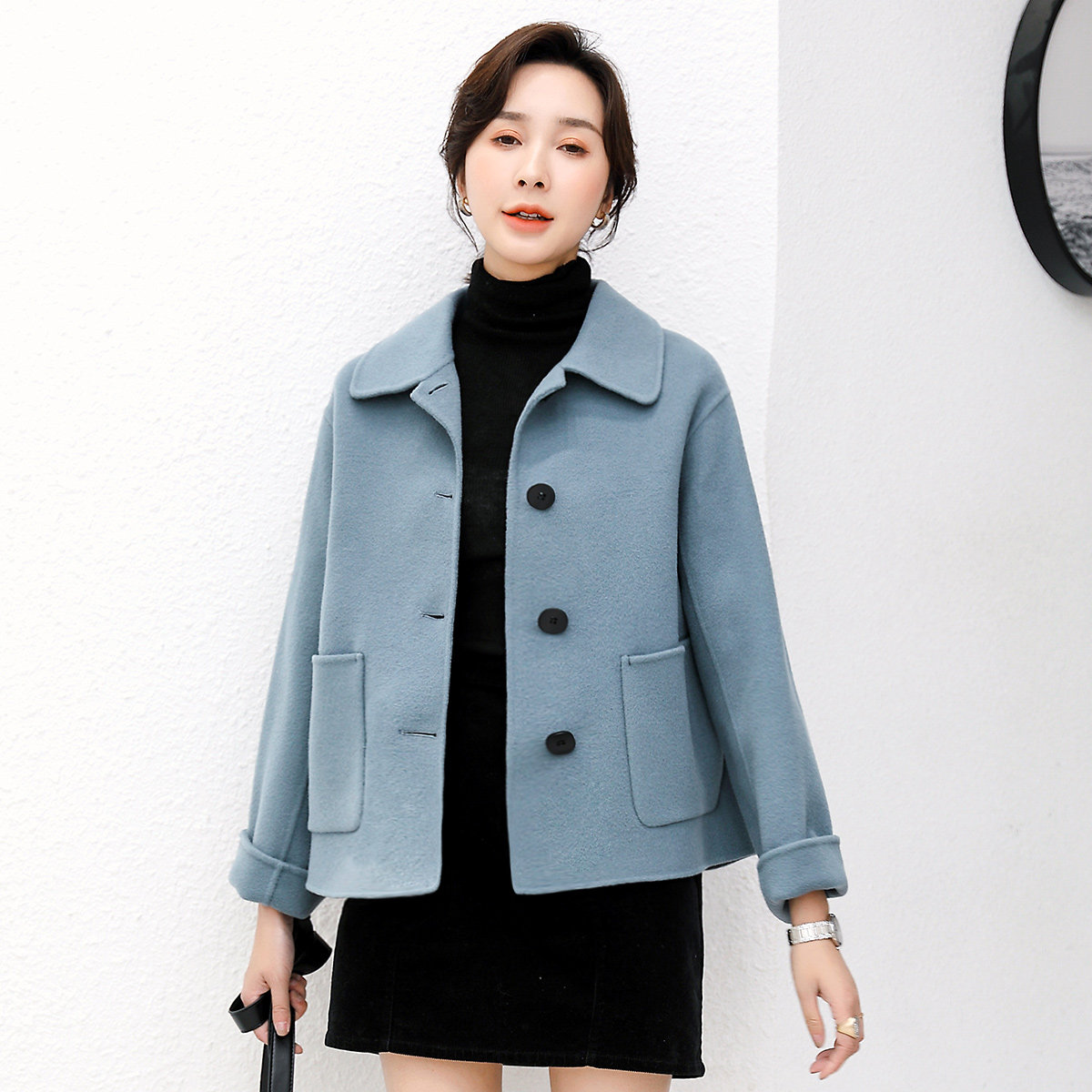 2021新款方领双面呢全羊毛大衣短款显廋羊毛大衣毛呢外套秋装女