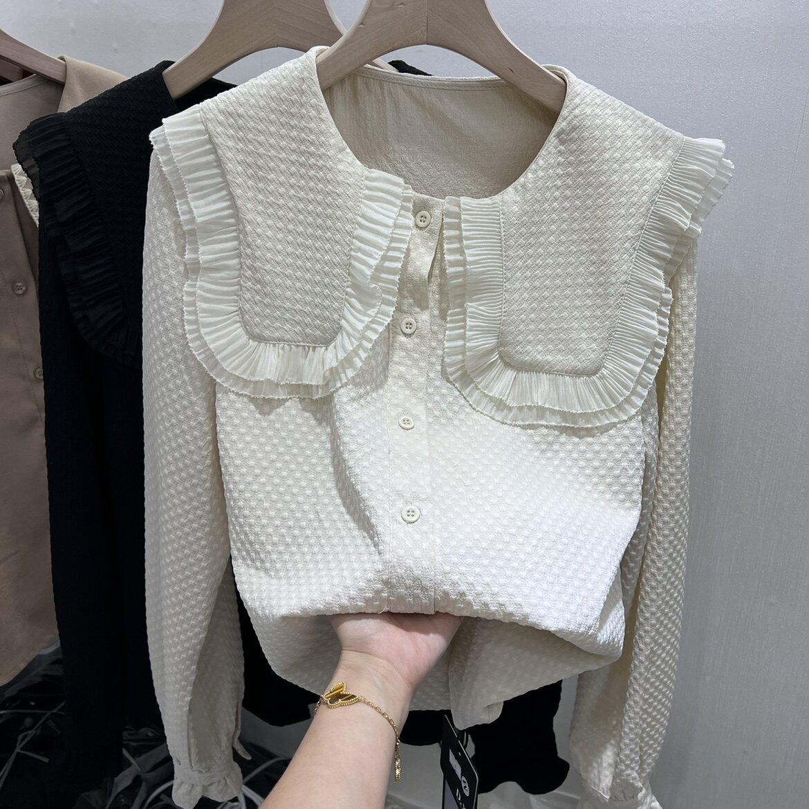 纯色荷叶边开衫直筒娃娃领雪纺衫2022春季新品女装单排扣可爱外套