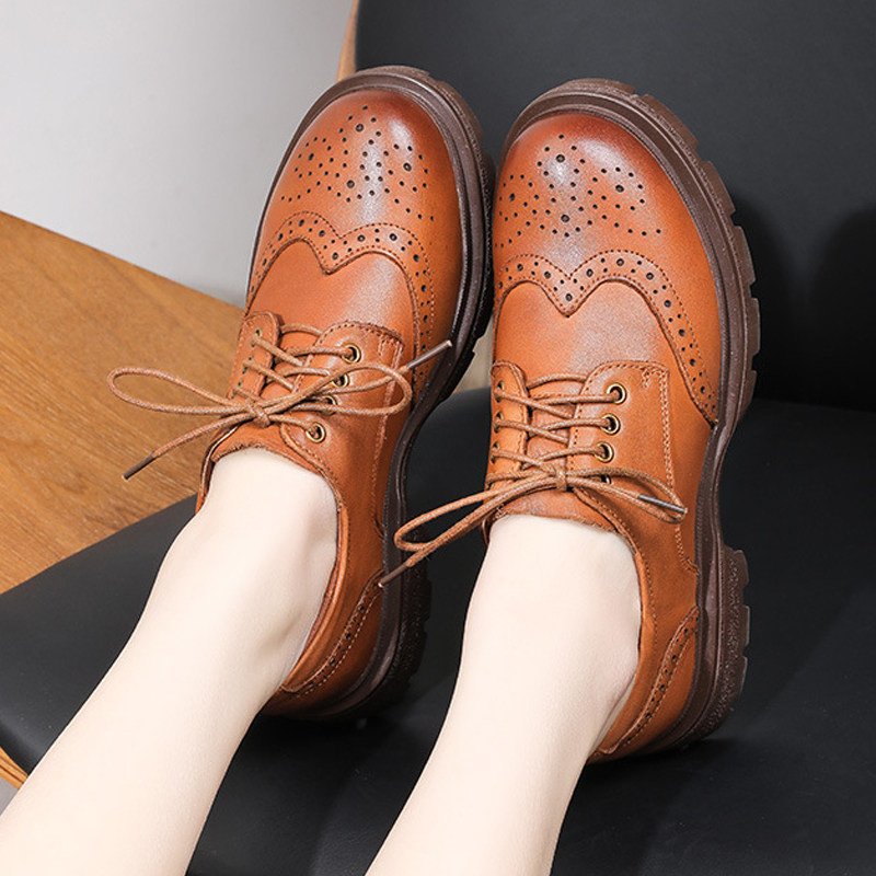 真皮英伦风布洛克乐福鞋女士系带小皮鞋厚底复古单鞋中跟春季女鞋