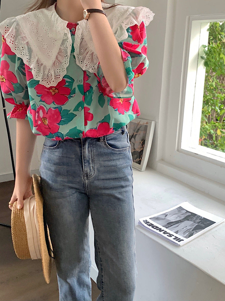 实拍 韩国夏季 同款～ 大花朵 拼花边领 宽松衬衣