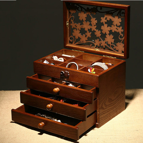 年年春木质首饰盒木制古典复古首饰品收纳盒多层抽屉式珠宝盒子_不
