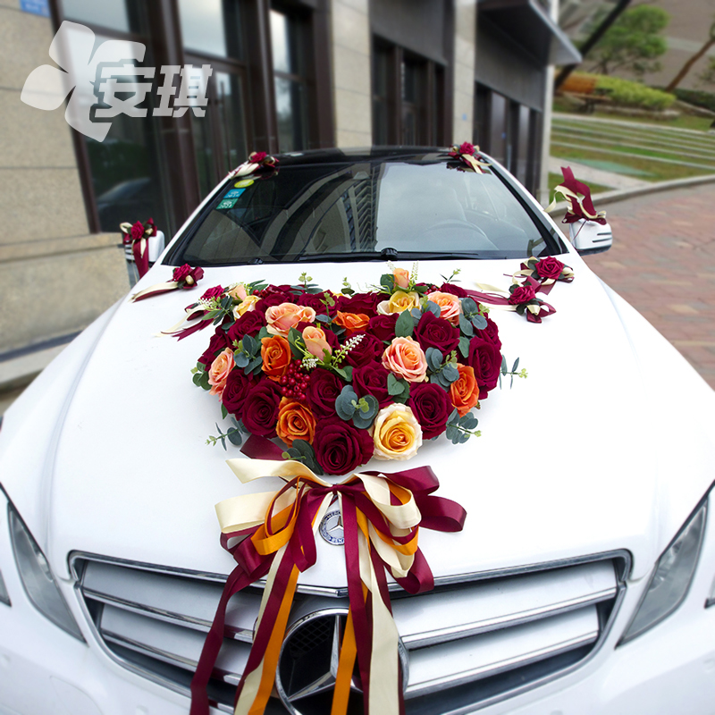 仿真玫瑰主婚车头花装饰吸盘套装中式结婚礼车队新娘花车布置婚庆