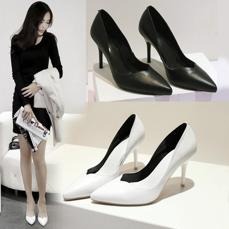 白色尖頭高跟鞋細跟 春夏季小碼33女鞋婚鞋黑色工作鞋女淺口單鞋
