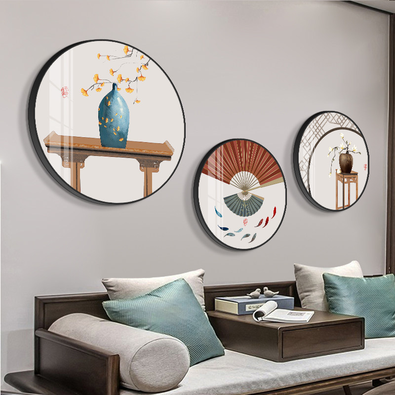 新中式客厅装饰画三联圆形沙发背景墙壁中国风民俗民宿房走廊挂画