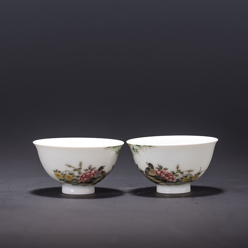 青年陶瓷艺术家 陈慕青作品 珐琅彩花鸟对杯