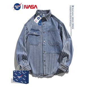 NASA联名牛仔条纹长袖衬衫男士2024新款痞帅衬衣男款春秋款外套