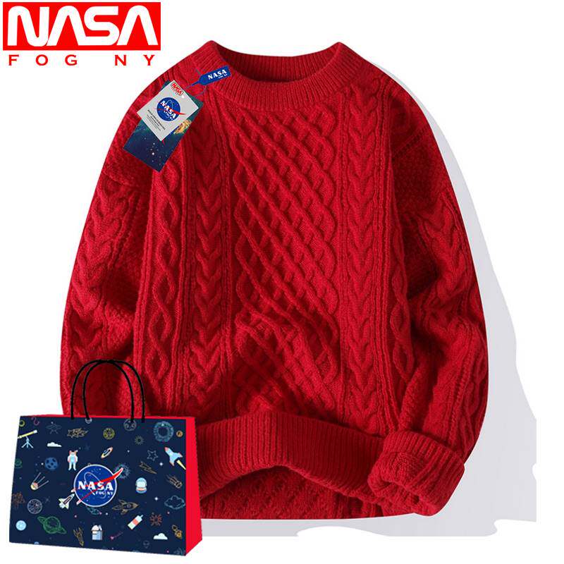 nasa男士毛衣冬季新款圆领纯色针织衫男生加厚学生红色打底毛线衣