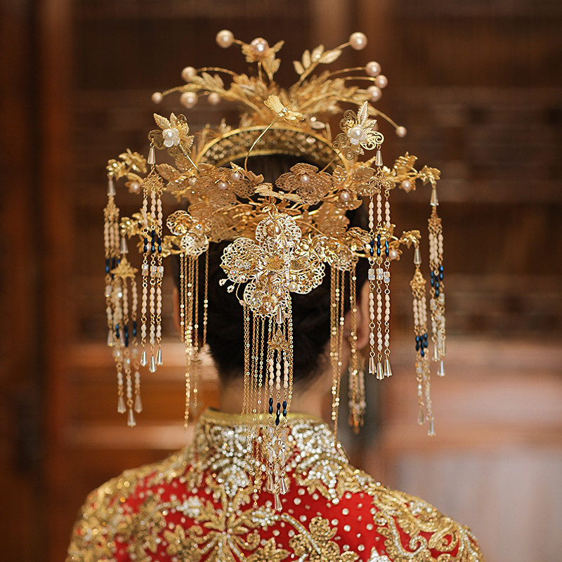 新娘头饰新款金色中式凤冠套装古装秀禾服结婚礼龙凤褂发饰品韵媛