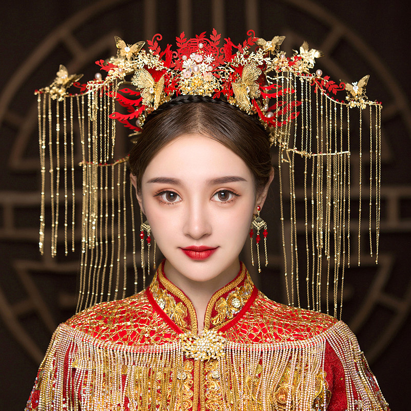 新娘头饰中式凤冠结婚古装红色发饰2020新款秀禾服龙凤褂配饰黛蕊