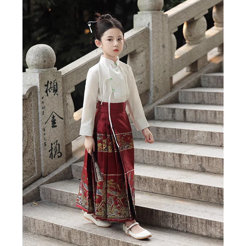 儿童马面裙2023春夏新款中国风女童古装汉服套装长袖小女孩半身裙