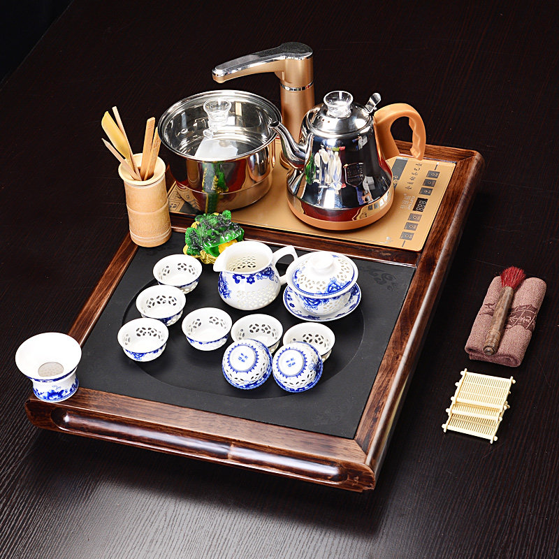 茶具套装 整乌金石配实木茶盘 全自动四合一家用功夫泡紫砂玻璃杯