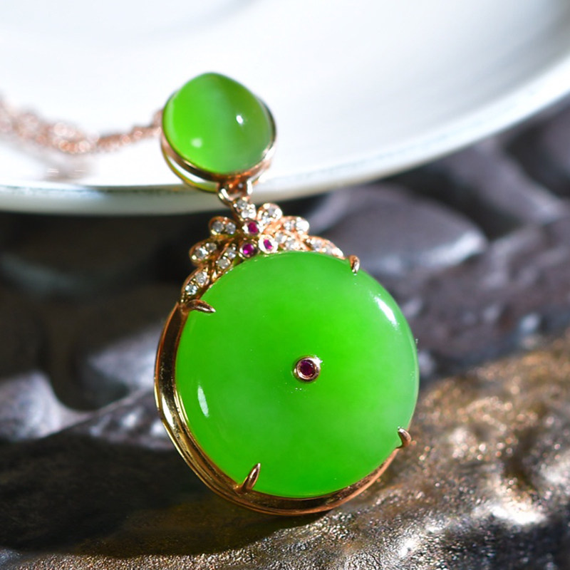 金镶玉平安扣女士款吊坠天然新疆和田玉碧玉挂件玉石项链玉坠4g