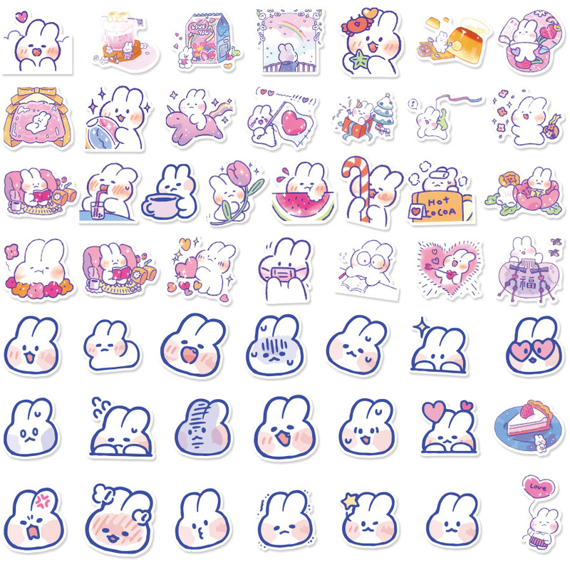 50张韩国ins风可爱兔子 旅行箱头盔电动车手机贴纸笔记本手帐贴画
