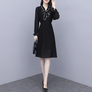 黑色气质连衣裙女2023年新款韩版系带收腰显瘦中长款秋季长袖裙子