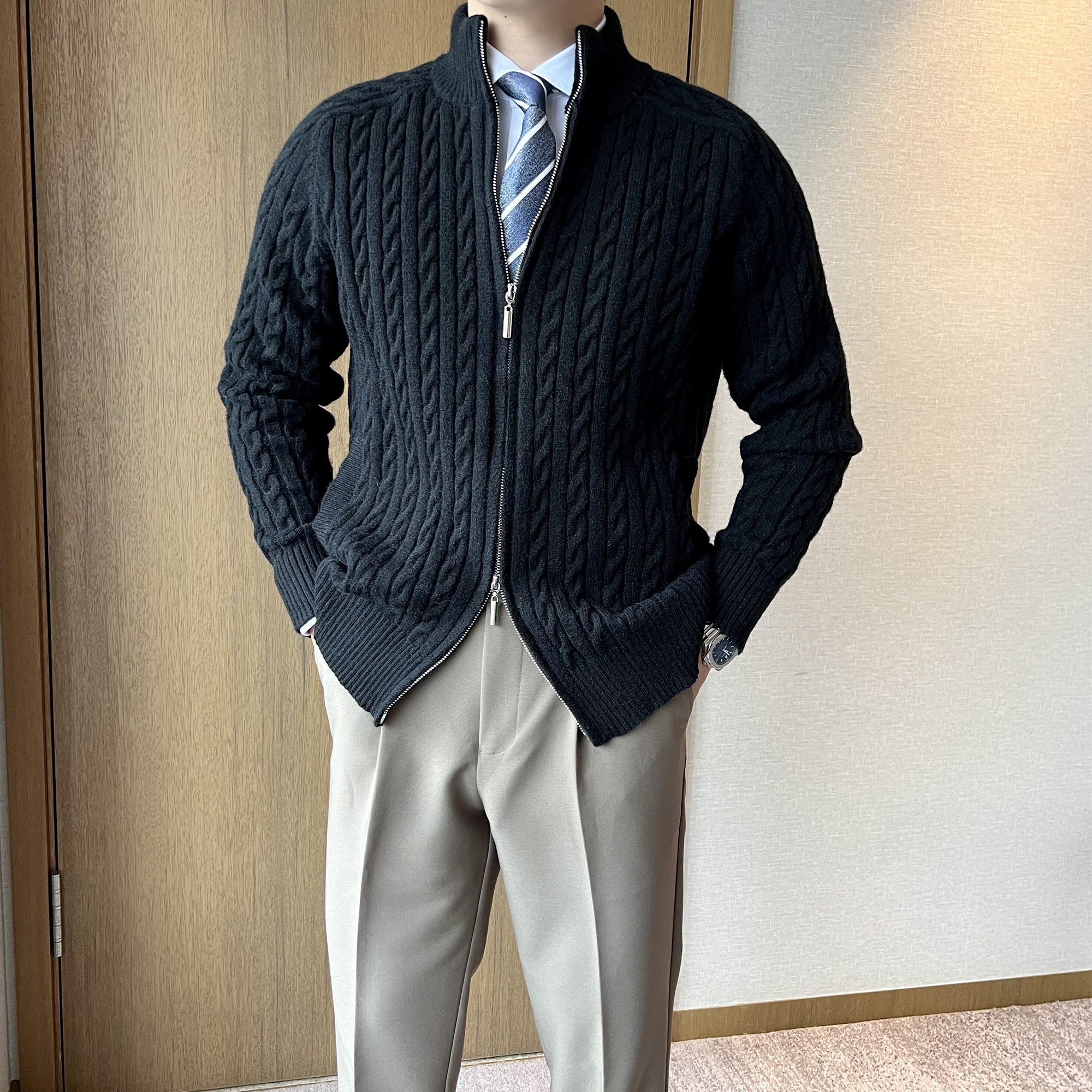 摩摹男装冬季新款毛衣开衫男英伦复古纽花立领修身休闲针织衫外套