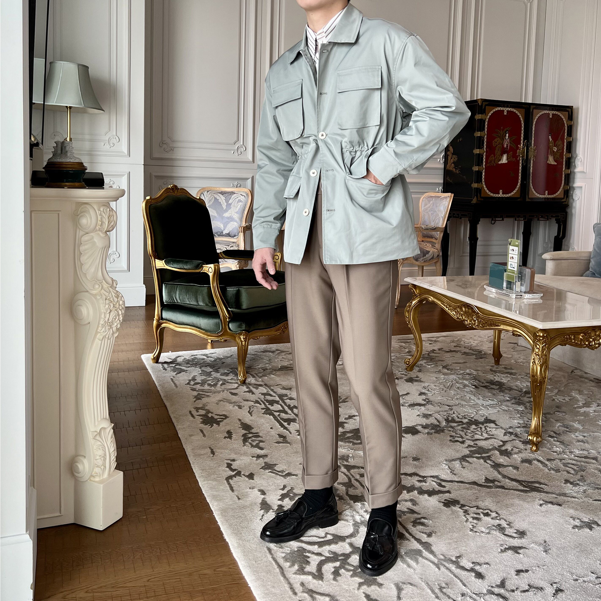 摩摹男装 春季新款复古翻领猎装夹克男英伦休闲抽绳收腰工装外套