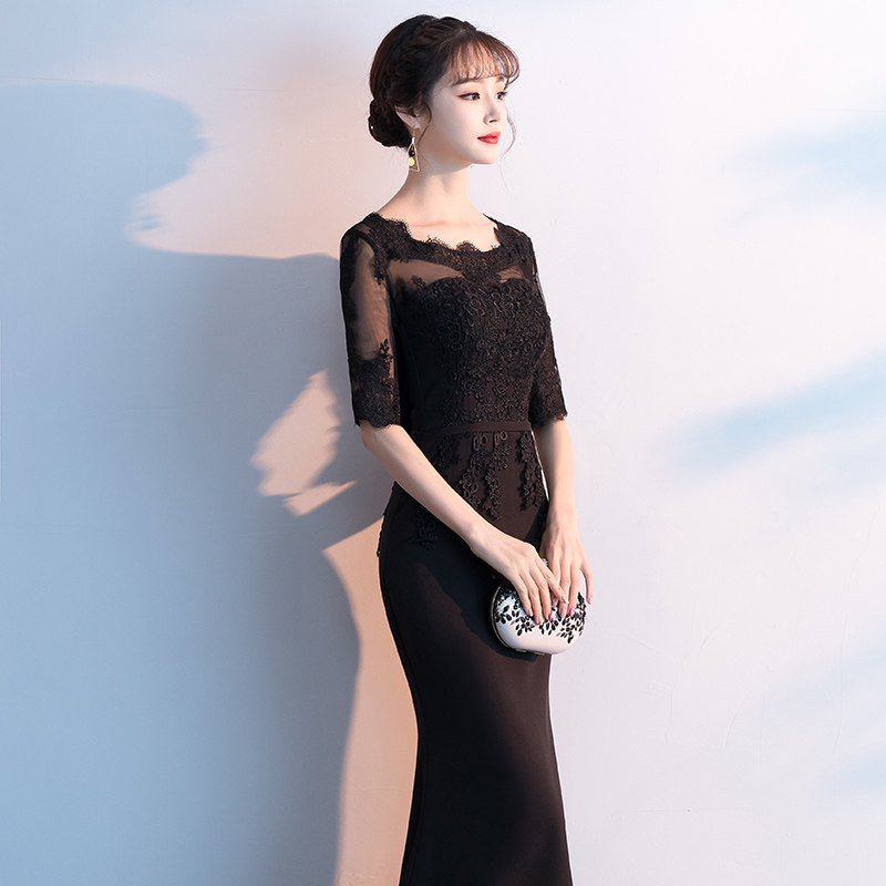 端庄大气黑色长款鱼尾显瘦主持人气质年会宴会晚礼服裙女—礼服/晚装