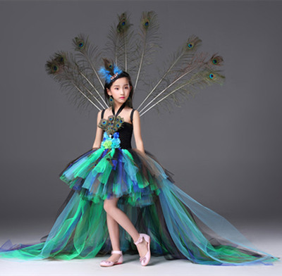 儿童礼服女童表演服 女孩模特走秀服装孔雀主题儿童表演孔雀裙
