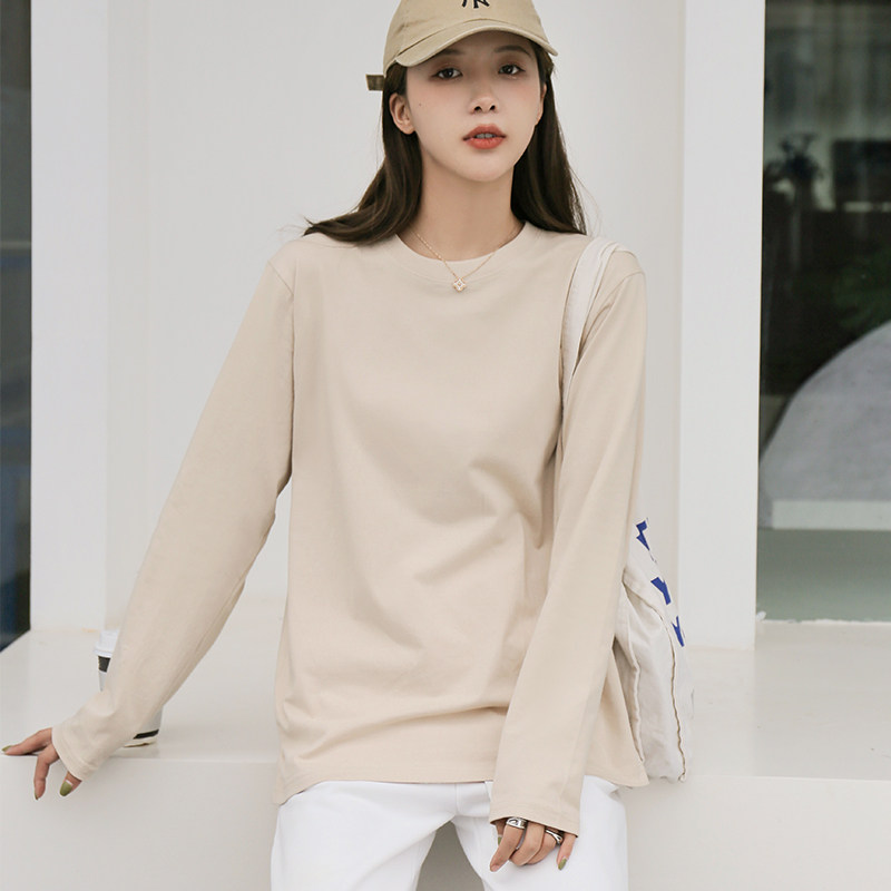 卡其色长袖t恤女纯棉2021秋新款宽松螺纹领口杏色无缝内搭打底衫