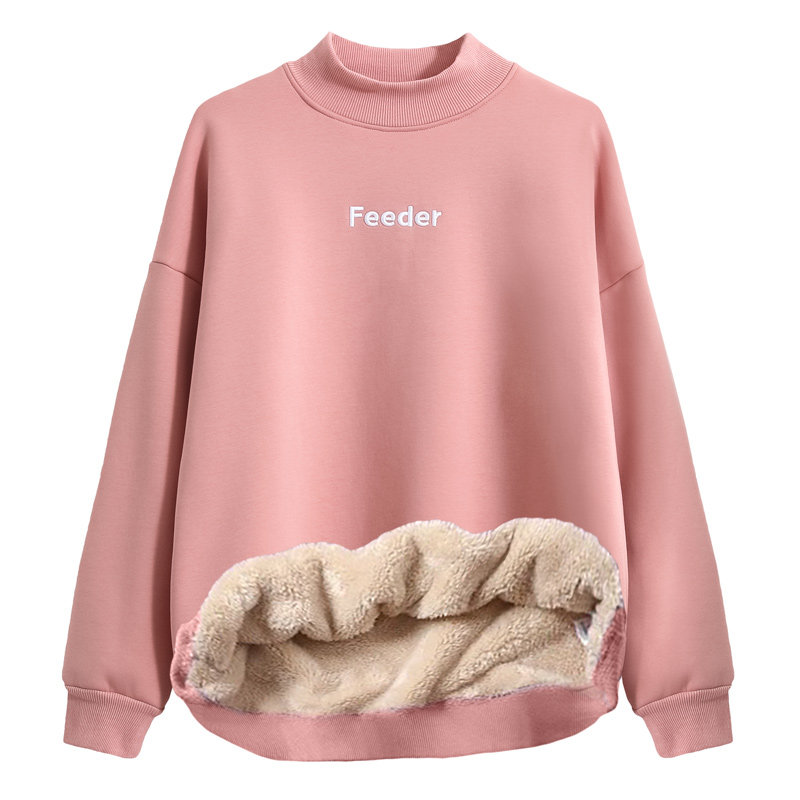 加厚款羊羔绒半高领卫衣女秋冬加绒衫中长款宽松套头学生无帽保暖